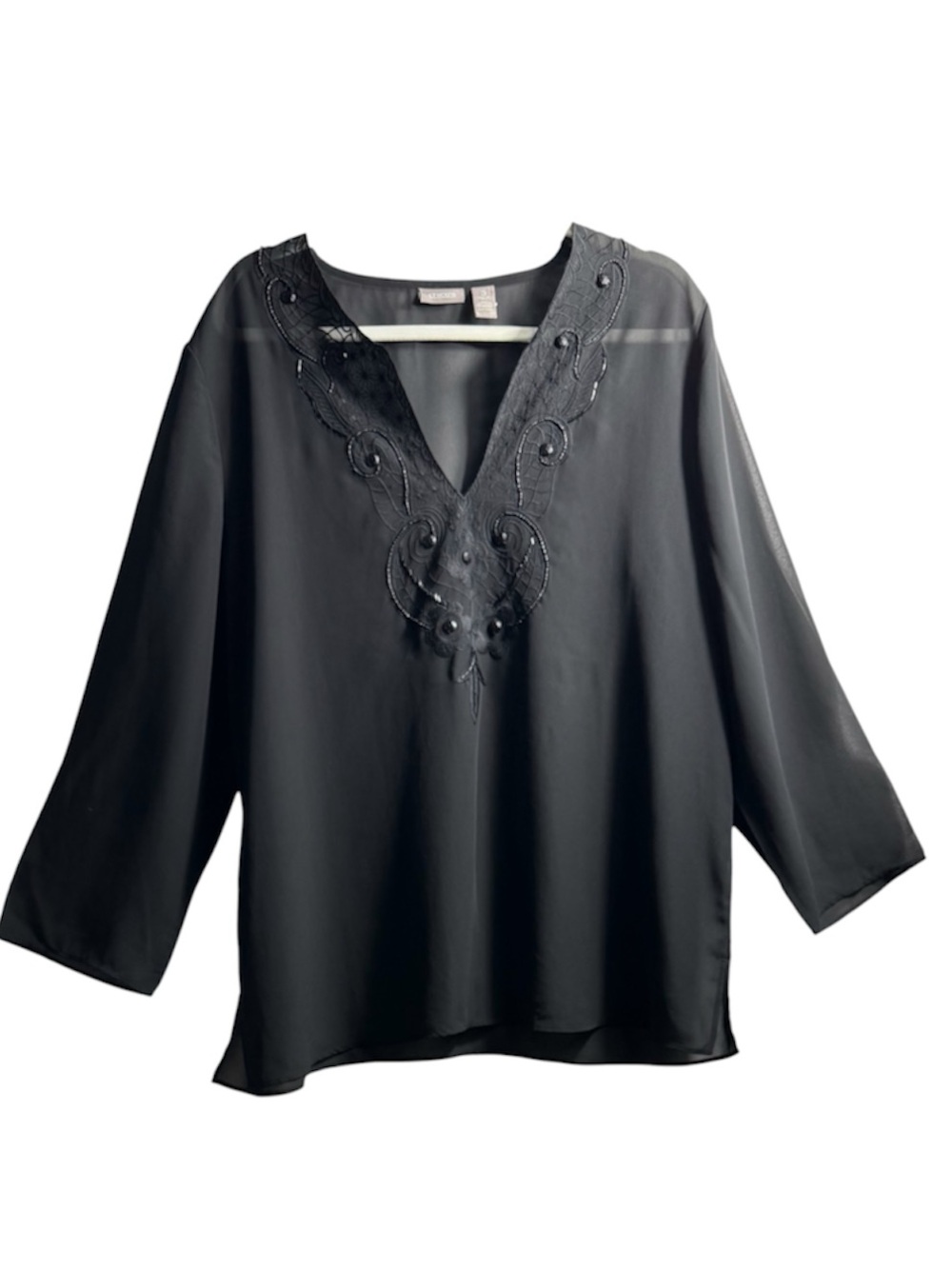 Chico’s Black Sheer Embroidered Beaded Tunic Blouse Size 3 XL